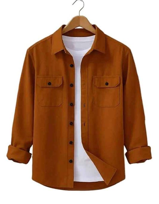 Brown Shirt Layered Over a White T-Shirt