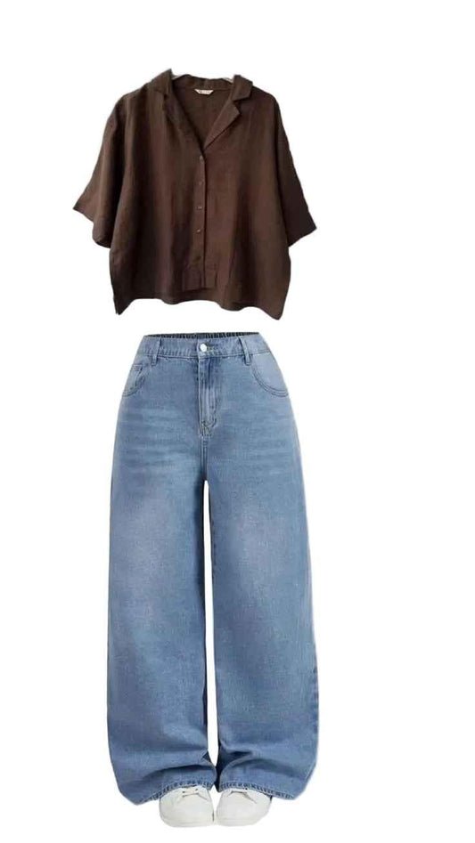 Cropped Linen Shirt and Wide-Leg Denim Outfit