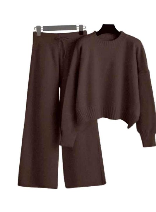 Crew Neck Knit Sweater & Wide-Leg Pants Set