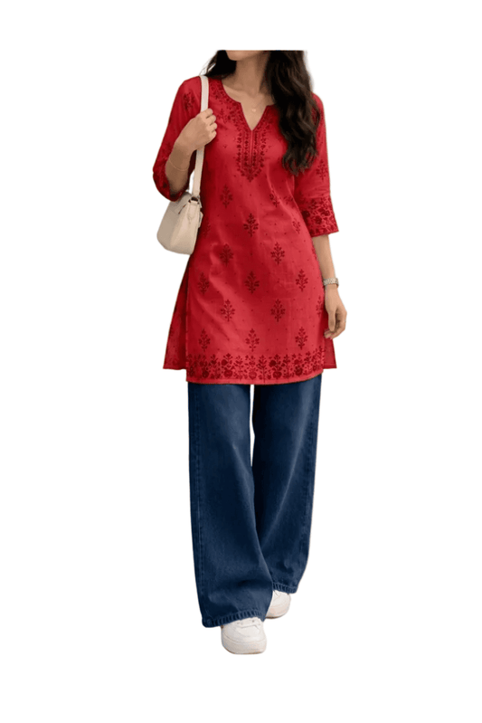 Red Floral Cotton Short Tunic Kurti