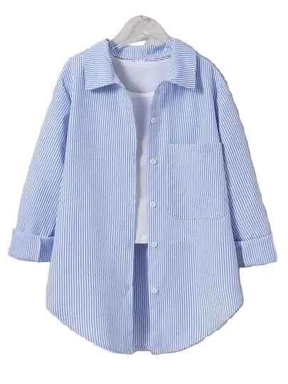 Blue Striped Button-Up Over a White T-Shirt