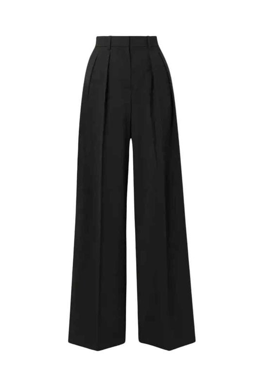 Waisted Black Pleated Wide-Leg Trousers.
