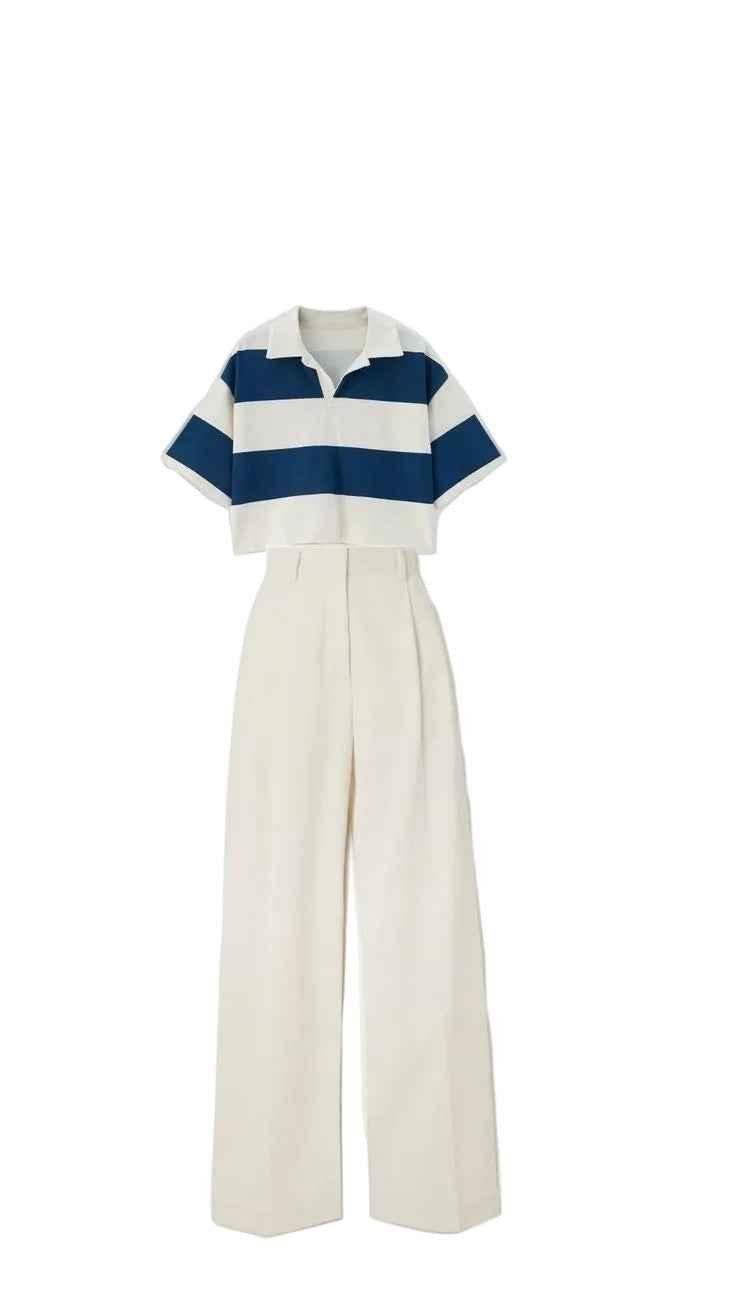 Striped Crop Rugby Polo and Wide-Leg Trousers Set