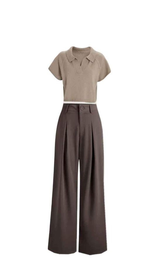 Knit Polo Top and Pleated Wide-Leg Trousers Set