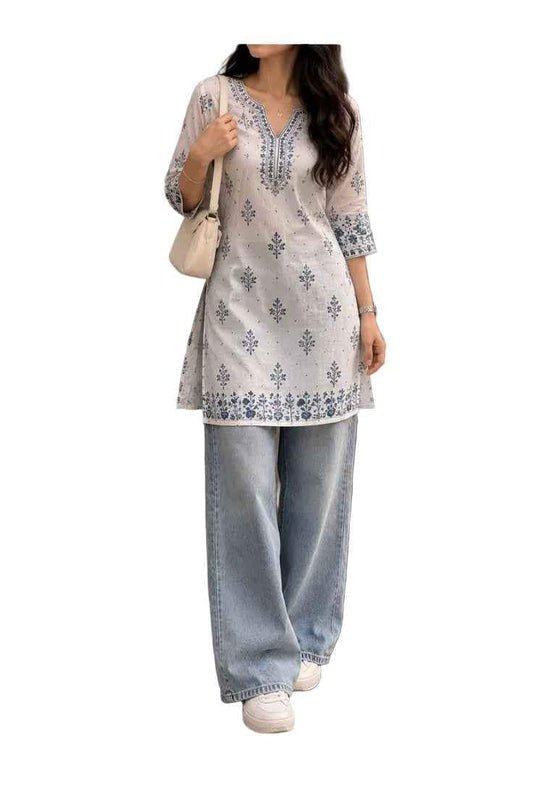 Blue Floral Cotton Short Kurti