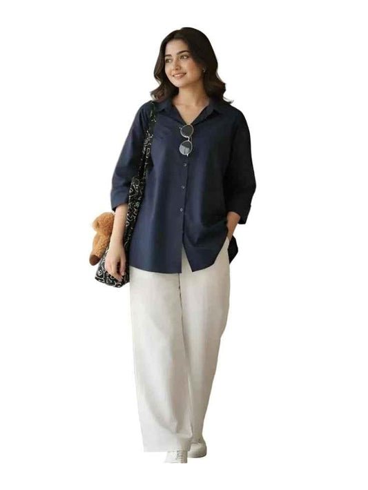 Women's Navy Blue Cotton-Blend Oversized Shirt Tunic