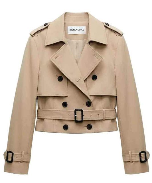 Cropped Beige Double-Breasted Trench Jacket