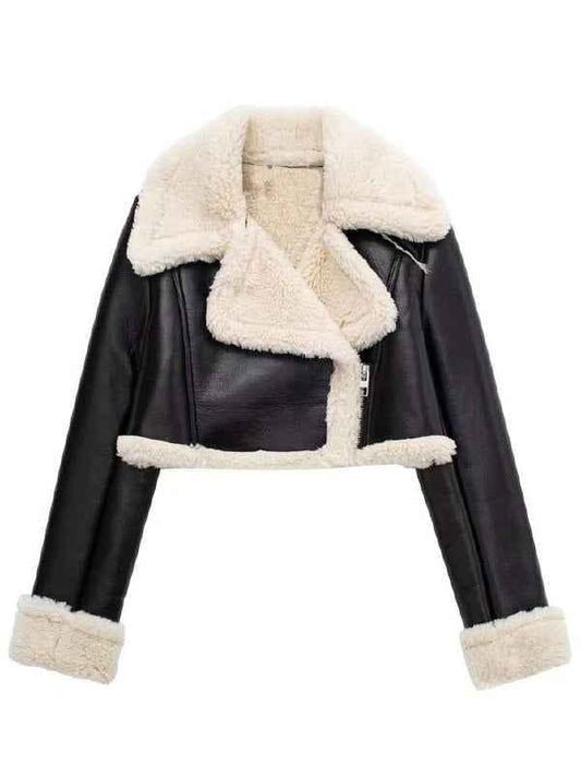 Cropped Black Faux-Leather Shearling Jacket