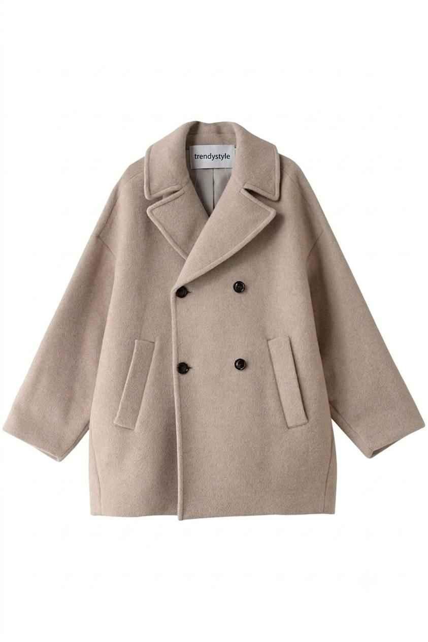 Beige Double-Breasted Woolen Pea Coat