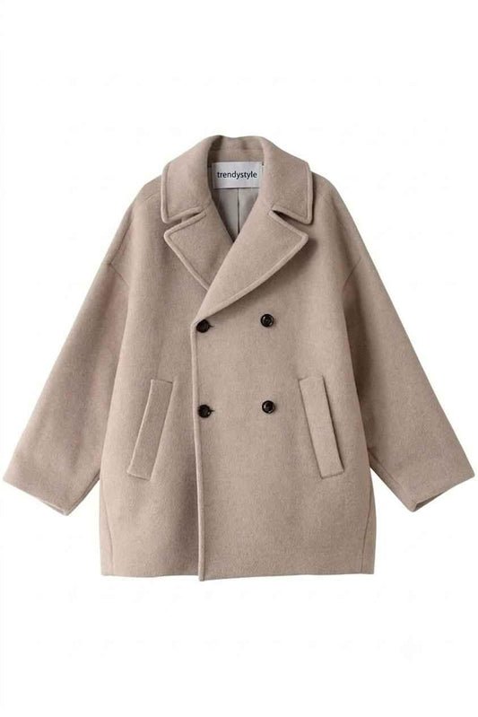 Beige Double-Breasted Woolen Pea Coat